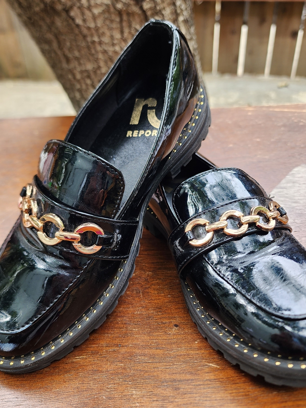 Report Black Patent Loafers Gold Chain Detail Studded Welt Slip On [2]